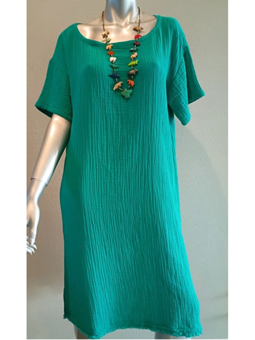 EILEEN FISHER-Turquoise Organic Cotton Lofty Gauze Dress-XS-Bateau Knee Length